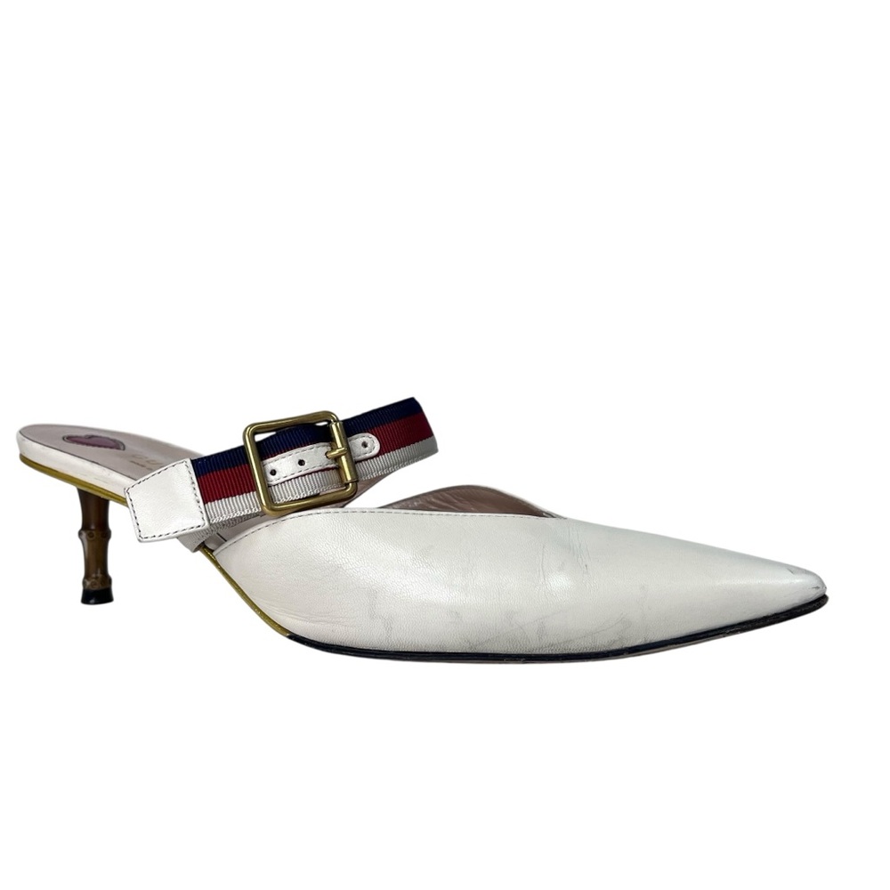Gucci Sylvie Cream Leather Web Strap Bamboo Kitten Heel Mule Pumps Size 39 1/2